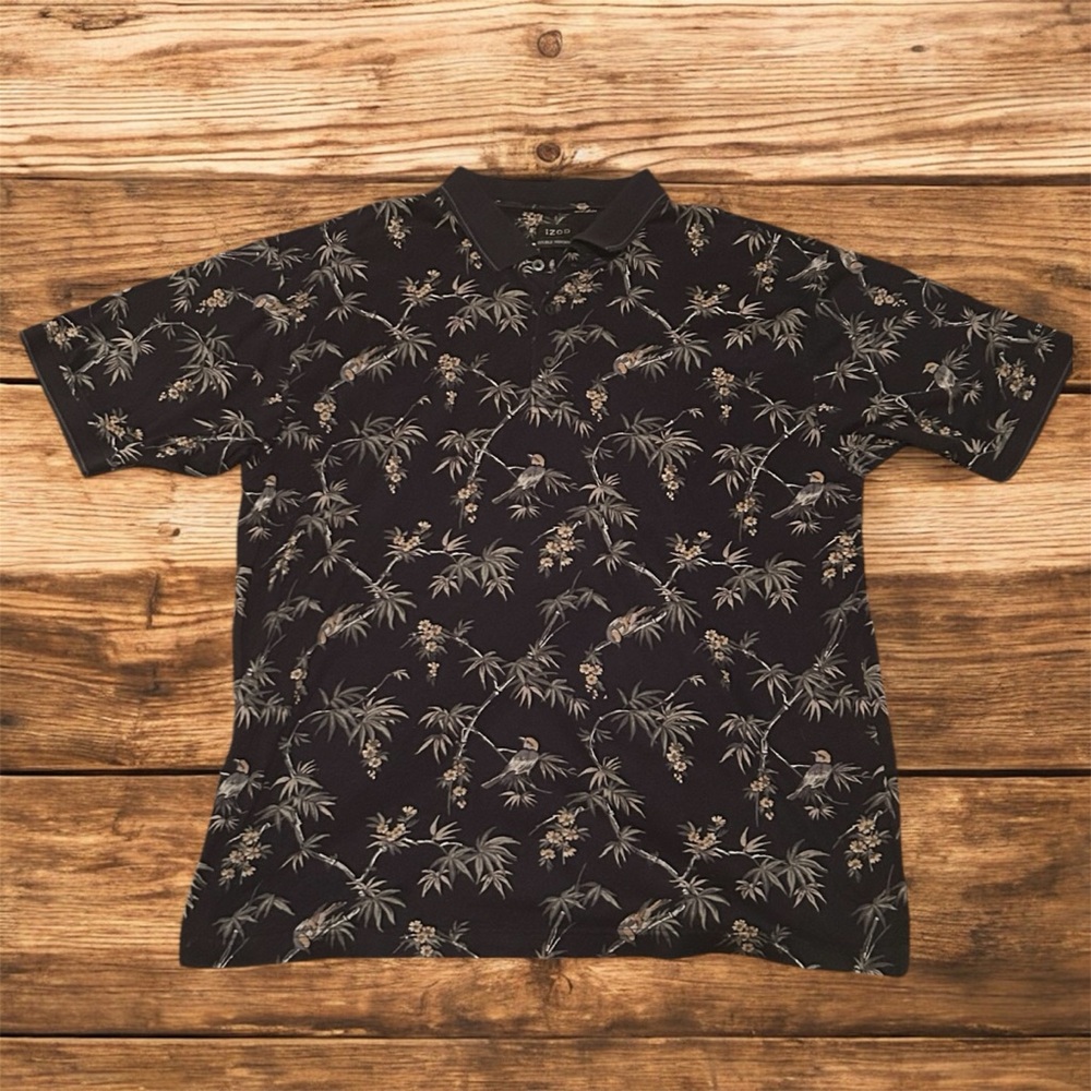Izod Black Botanical Bird Print Polo Shirt Size Large
